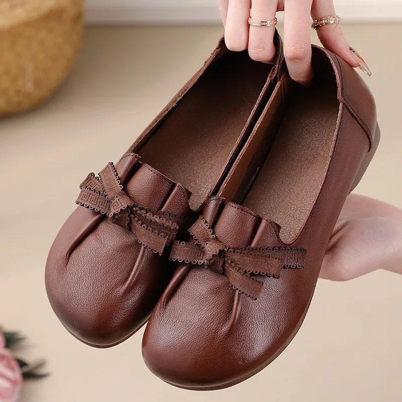 Brown Ballet Retro Flats Comfortable Elegant Women\'s Shoes Genuine Leather Loafers Ladies Bowknot Woman Soft Blue Moccasins 