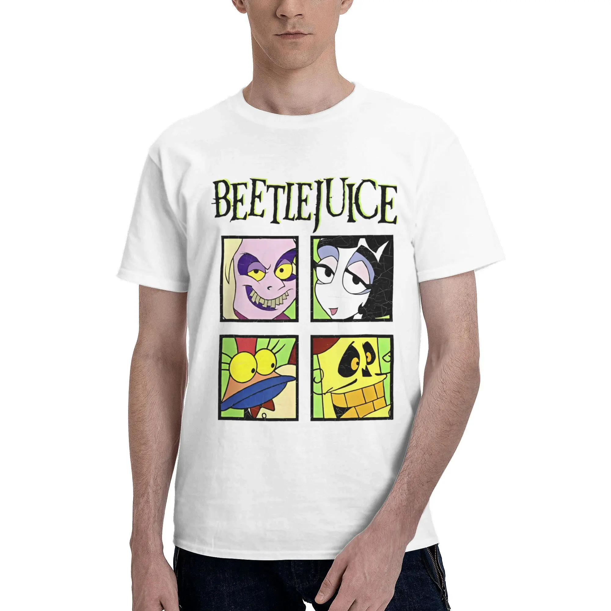 Printed B-Beetlejuiced Animated Spectacle T Shirt Men's Cotton Short Sleeve  Round Neck Summer Tops