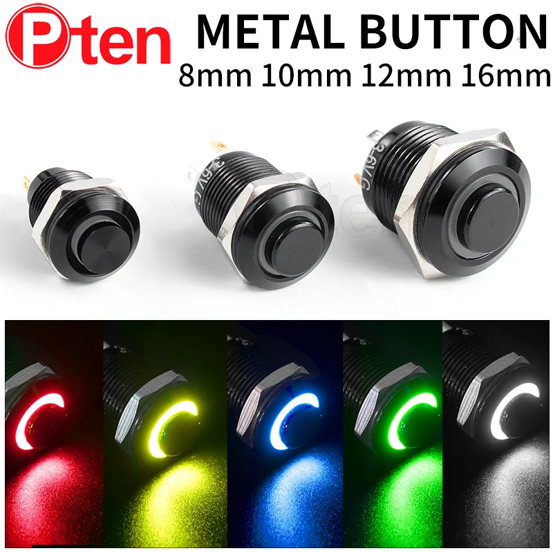 

1NO High head small Waterproof Metal Push Button Switch LED Light Self-locking/reset 3/6/12/24/220V 8/10/12/16mm Oxidized black