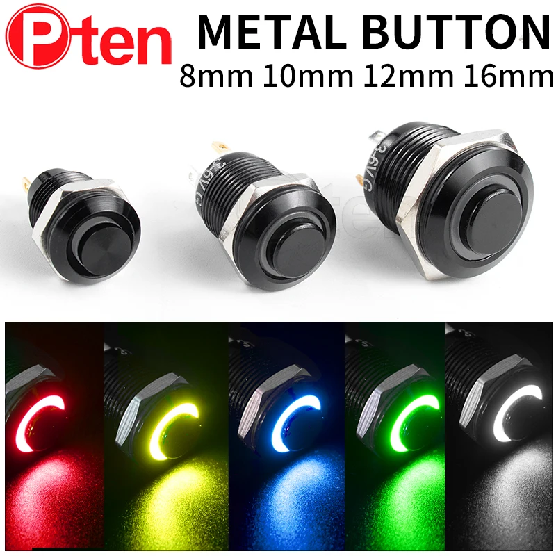 1NO High head small Waterproof Metal Push Button Switch LED Light Self-locking/reset 3/6/12/24/220V  8/10/12/16mm Oxidized black