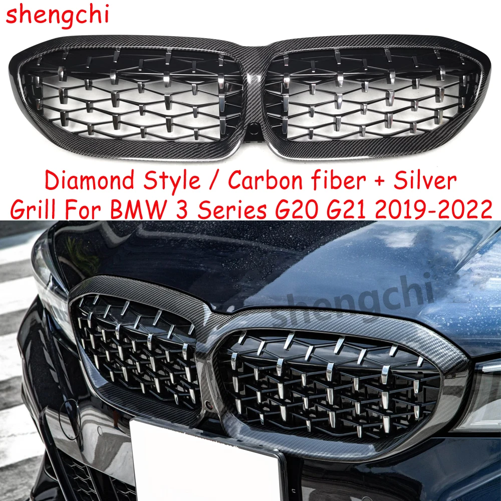 G20 Pre-Lci ABS Carbon Fiber Diamond Silver Grille for BMW 3 Series G20 G21 318i 320i 330i M340i M340d Racing Grills 2019-2022