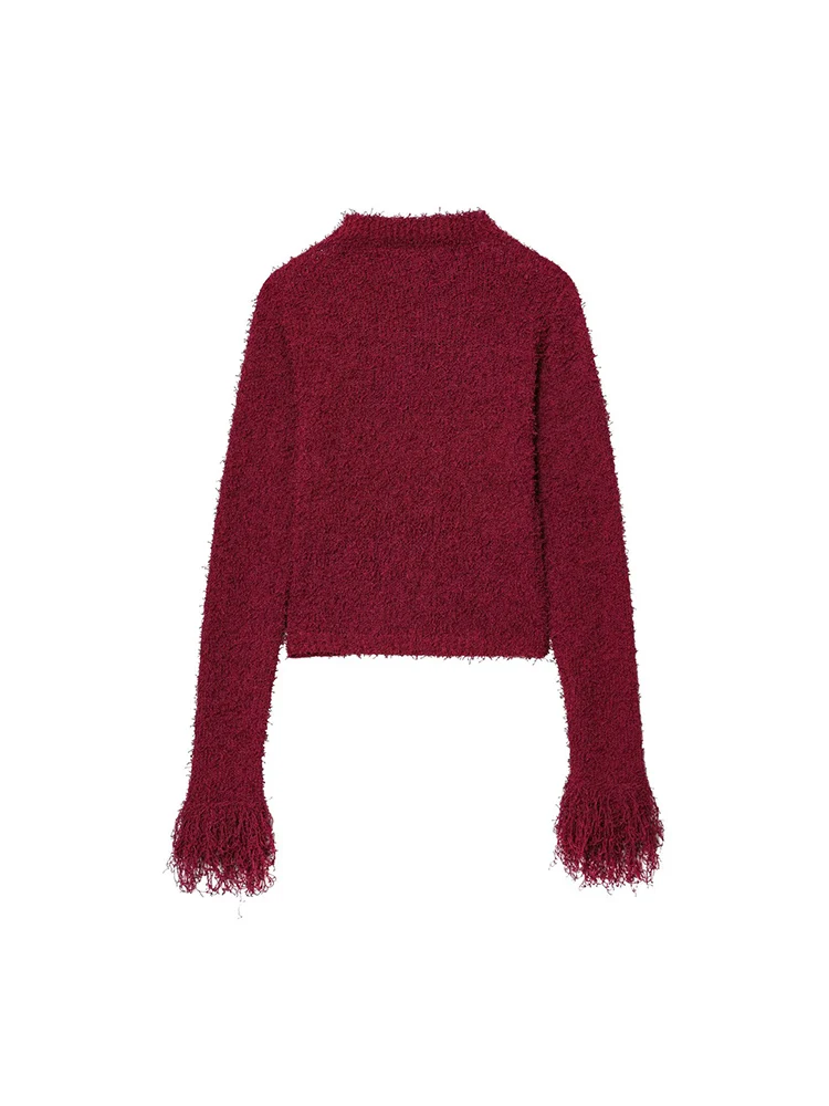 Europejskie i amerykańskie trendy jesienne: nowa kolekcja odzieży damskiej, dopasowana dzianinowa kurtka z frędzlami, okrągły dekolt, długi rękaw.