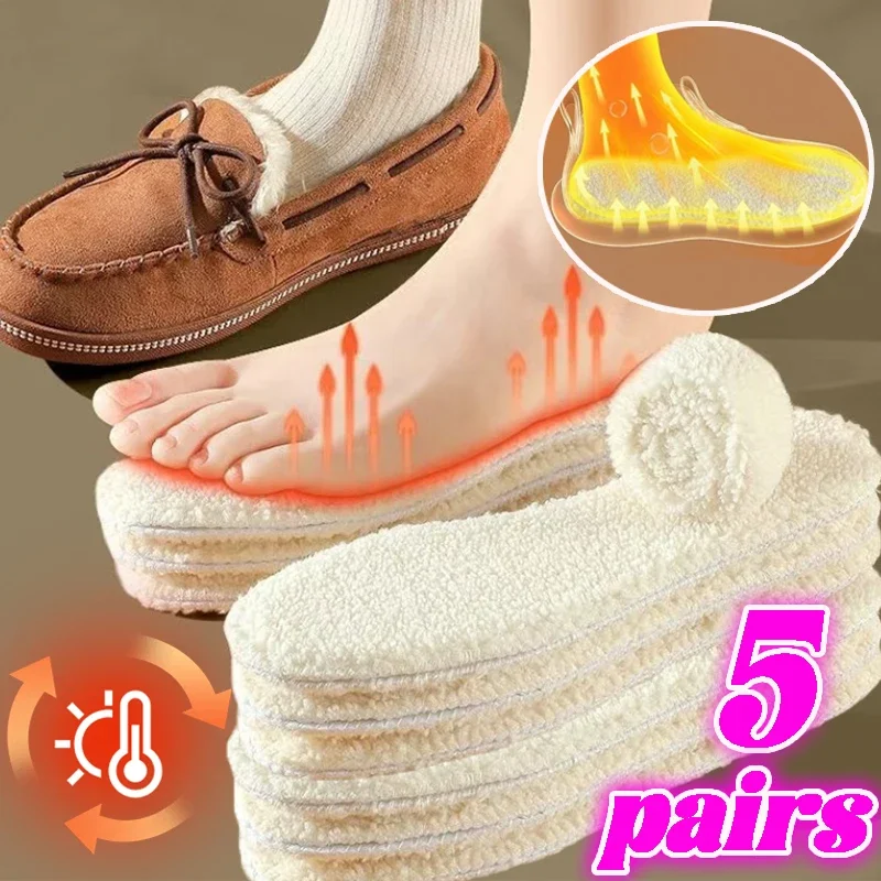 5Pairs Unisex Winter Alpaca Wool Insoles Self Heated Thermal Shoe Pads Sports Running Warm Plush Thicken Boots Inserts Paddings