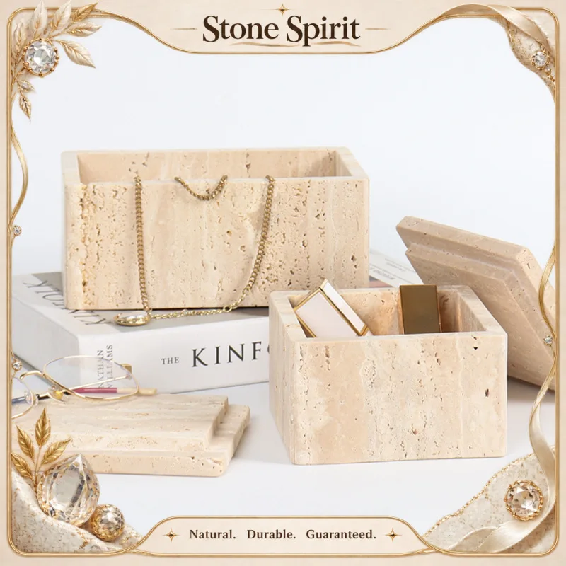 【Natural】Decorative Travertine Storage Box for Jewelry Natural Marble Bathroom Vanity Organizer Canister for Cotton Swabs