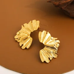 Retro Folded Leaves Textured Irregular Geometric Exaggerate Big Dangle Earrings for Women 18K Gold Plated Metal Thick Ear Stud