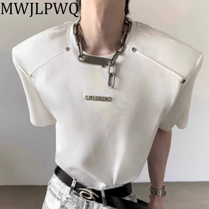 

MWJLPWQ Metal Rivet Niche Deisgn T-shirts High Street Men's Shoulder Pad Short Sleeve Heavy Slimming Hamdsome Male Tops 010786