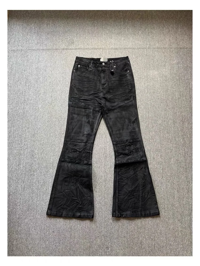 2026 High street coated micro-flare jeans American retro heavy industry men and women black gothic retro casual loose jeans