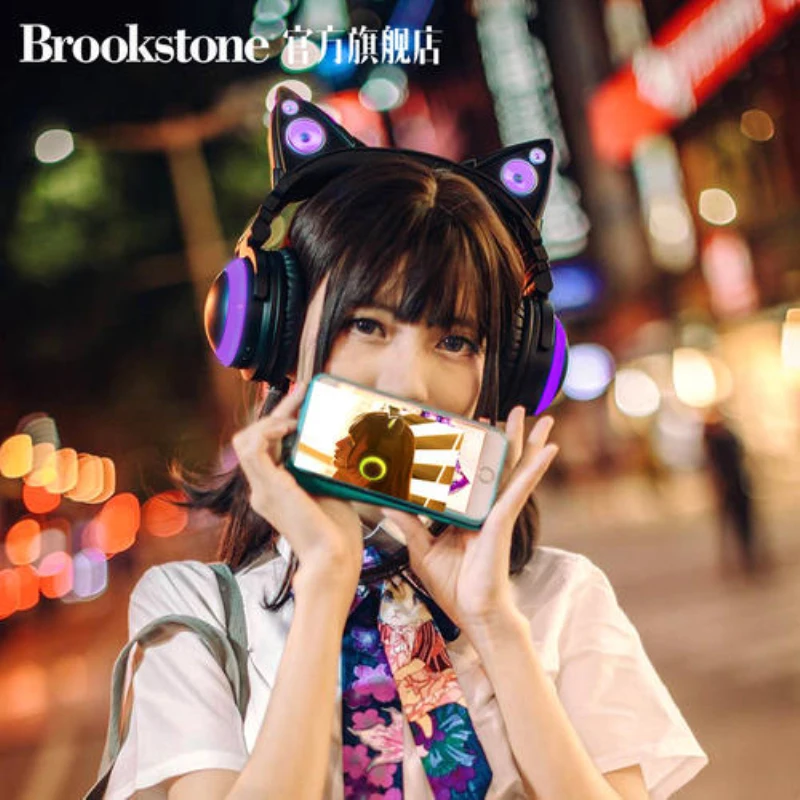 Full New BROOKSTONE Cat Ear 2S Wireless Bluetooth Headphone Black Comics Style 12 Colors RGB LED Light Gaming Headset for Girl