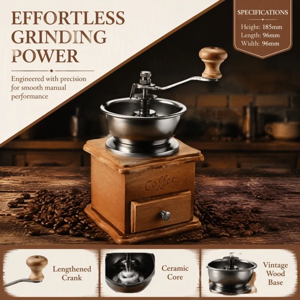 Retro Style Manual Bean Grinder Vintage Crude Wood Ceramic Grinding Core Hand Coffee Grinder Portable Mini Household