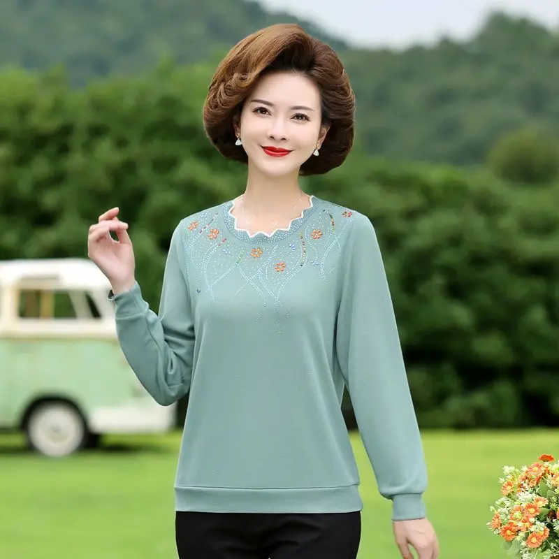 Tops Women's Clothing T-Shirts Diamonds Round Neck Generous Dignified Loose Vintage Elegant Fashion Casual Spring Autumn Thin