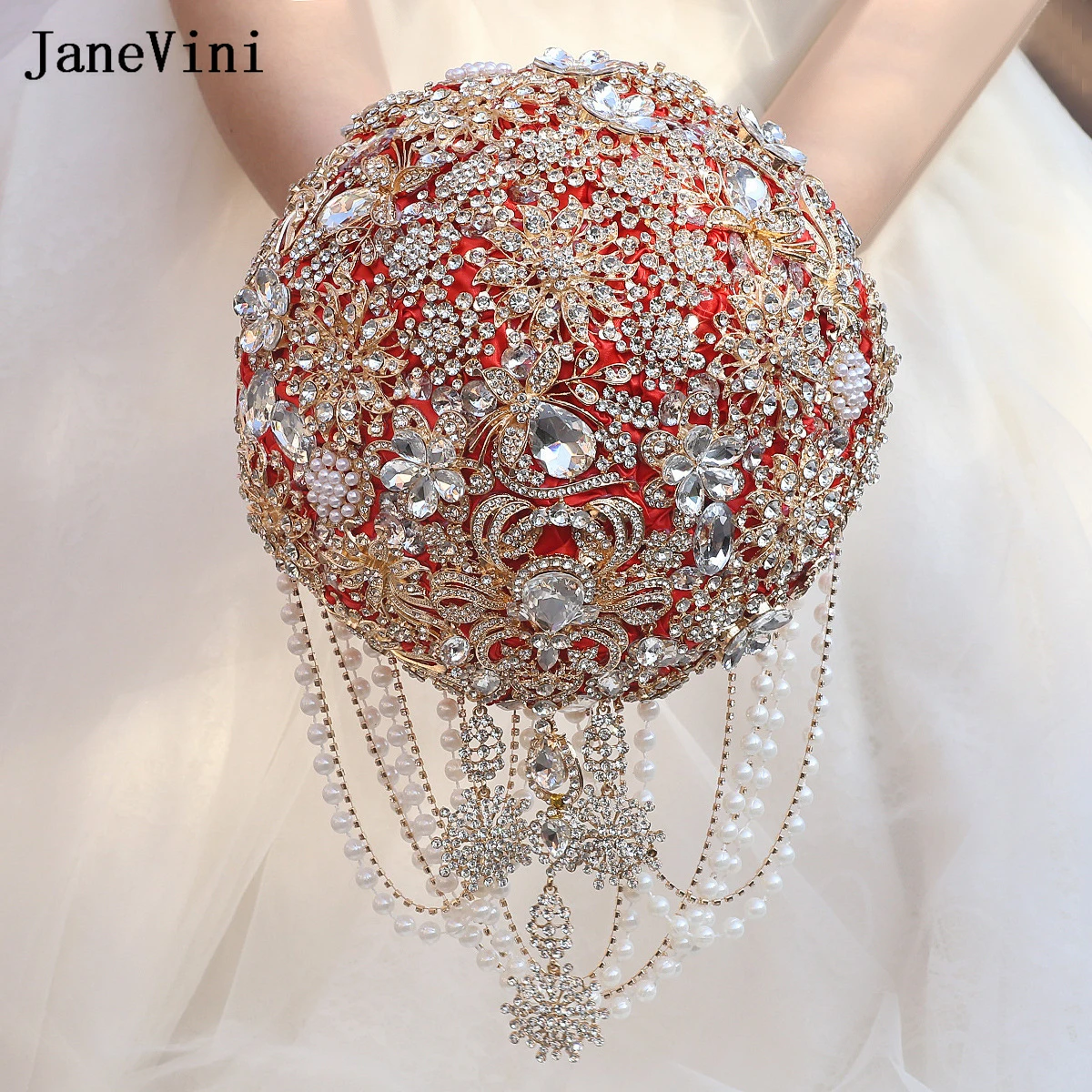 

Свадебные букеты JaneVini Bling Gold с золотыми стразами, красные, из искусственных атласных роз, с жемчугом и кисточками, брошь-букет для невесты, цветочный букет