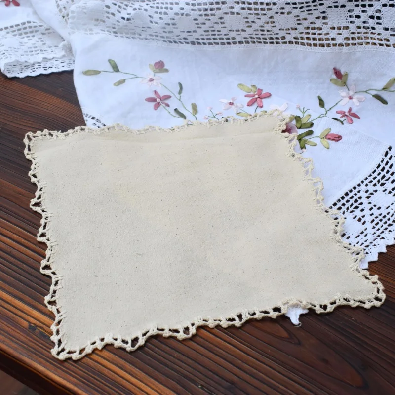 12PCS Pastoral Cotton and Linen Handmade Crochet Flower Tray Mat Square napkins Handkerchief