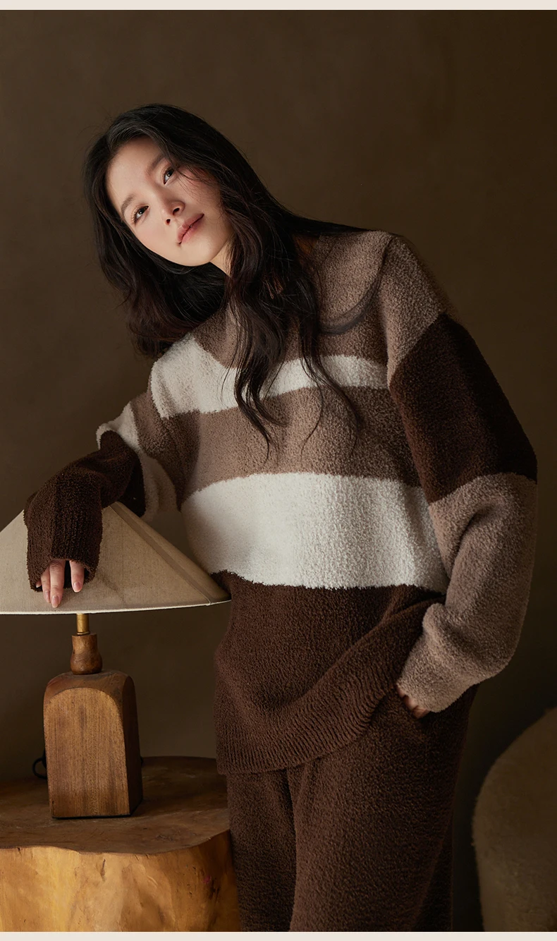 Новая осенне-зимняя женская домашняя одежда, модный и простой толстый теплый комплект одежды для сна с круглым вырезом