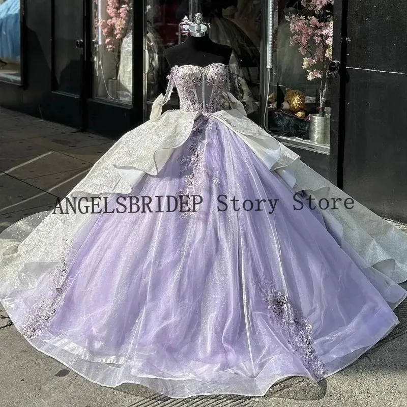 ANGELSBRIDEP-vestidos de quinceañera para niñas, apliques de tul de encaje, cuentas brillantes, vestido de fiesta de cumpleaños dulce, 15