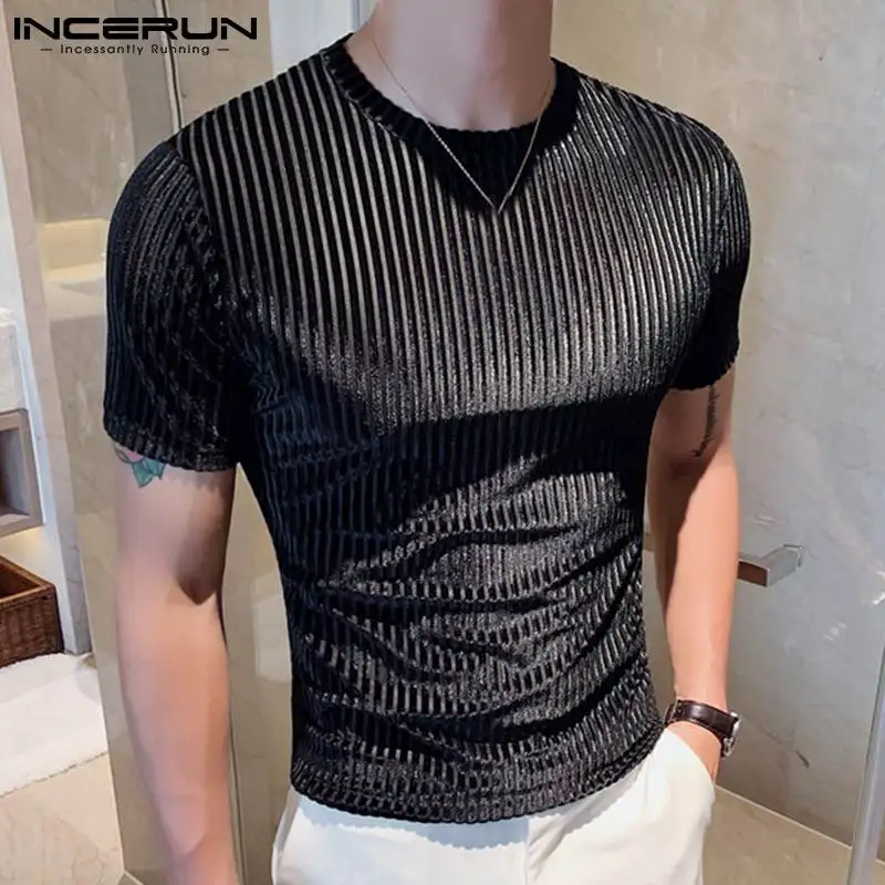 Fashion Casual Style Men\'s Camiseta  Party Shows Tees INCERUN Male Stylish Hot Sale Drawstring Round Neck Stretch T-shirts S-3XL