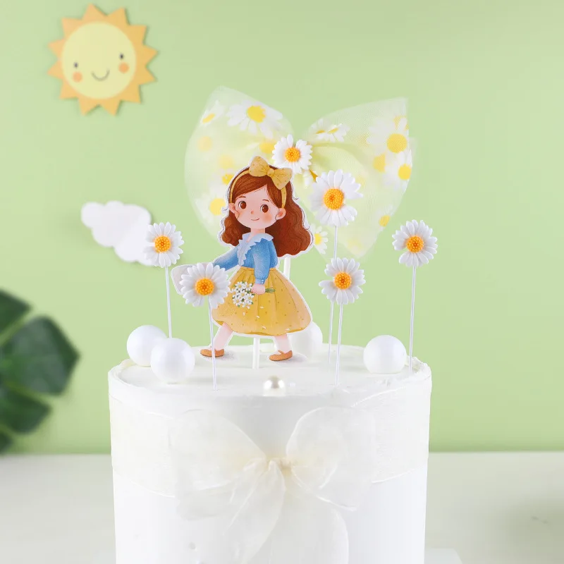 Sunflower Cake Topper Birthday Girl Cake Flags Flower Ribbon Birthday Wedding Party Cupcake Baking Decor Home Supplies Diy