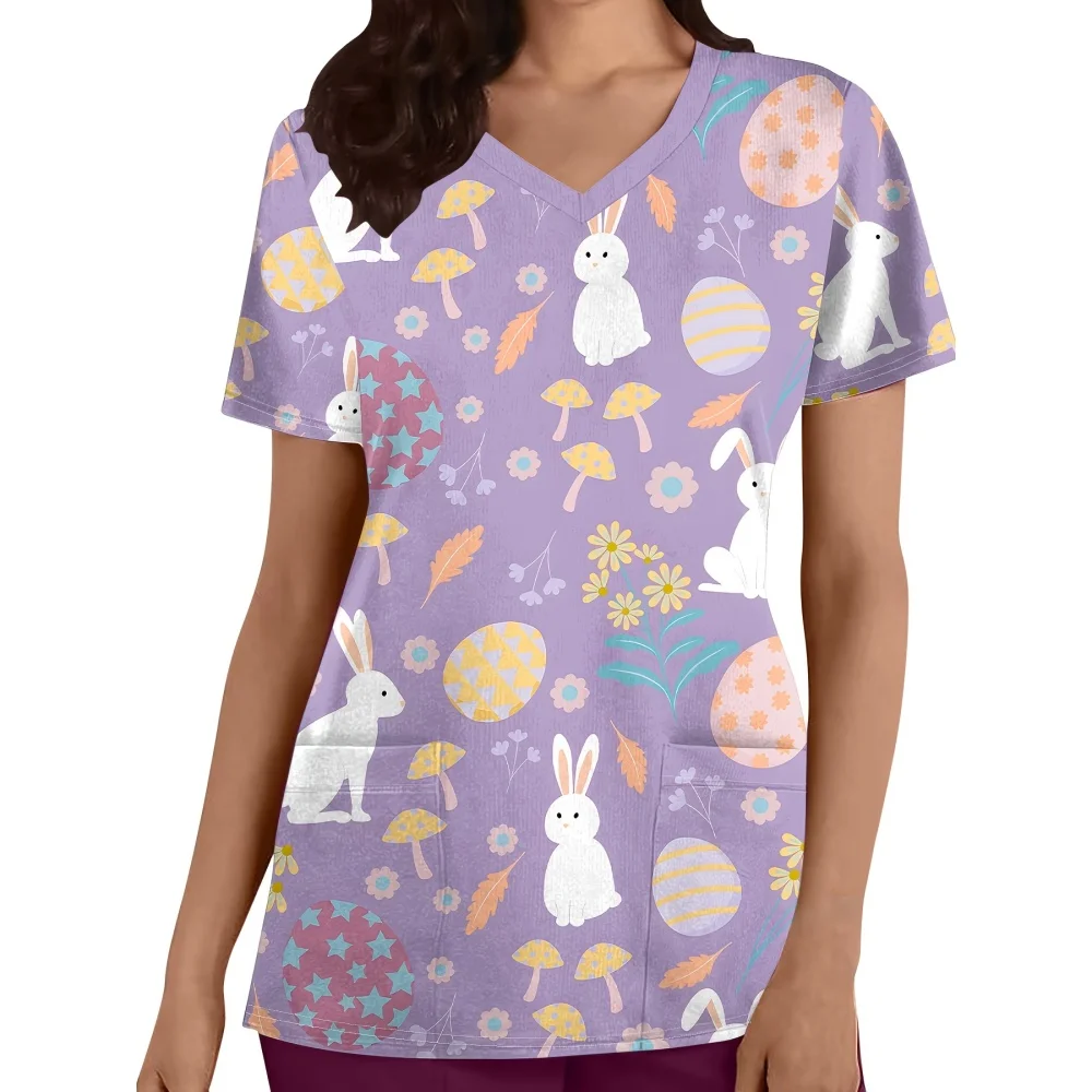 イースター女性用ソフトで通気性のあるVネックスクラブトップ、バニー柄半袖、看護師ファッション、快適な獣医臨床ユニフォーム女性用