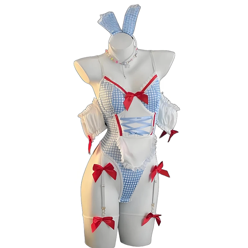 Anime Sweet Lolita Cute Women's Sexy Maid Bunny Girl Uniform Pink And Blue Plaid Bow Bodysuit Tempatation Outfit Cosplay Costume