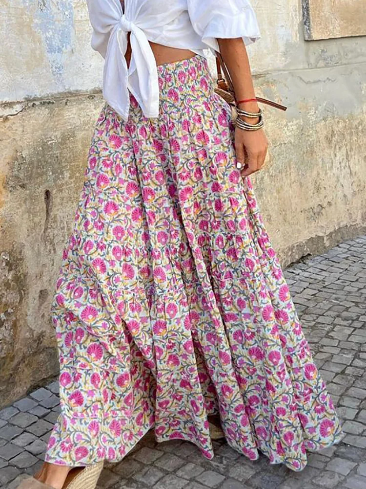 

2023 Spring And Summer Elastic Waist Skirt Chic Lady Streetwear Patchwork Ruffle Skirt Elegant Holiday Women Vintage Print Skirt
