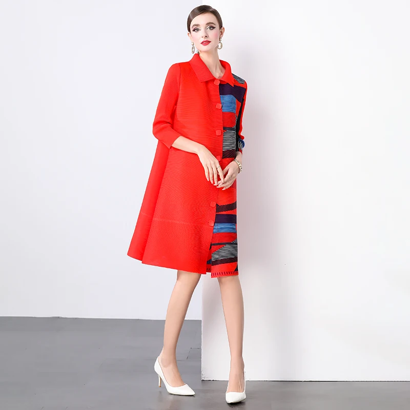Miyake Pleated Oversize Draped Dress Women Lapel Print Loose Large Size Fat Thin Single-breasted Cardigan Dresses 2024 Autumn