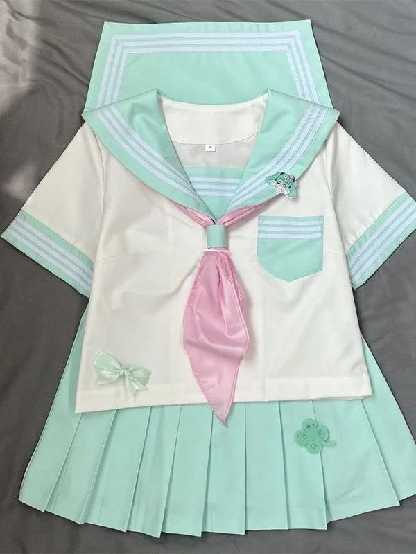 Cute Sailor Suit Uniform Set Short Sleeve Pleated Skirt Top Basic Summer Outfit for Women Green Three Pieces Student School U...