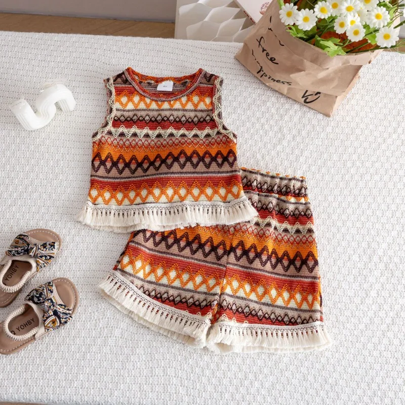 

Богемный полосатый вязаный топ без рукавов для девочек, шорты, летние каникулы, пляжный наряд, модный комплект одежды с вышивкой для малышей и штаны