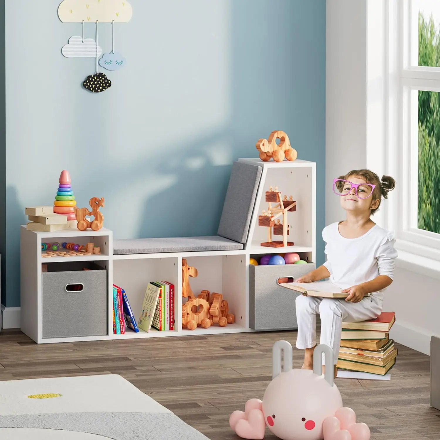 Reading Nook for Kids with 6-Cubby Kids Bookcase and Soft Cushion,Multi-Purpose Storage Organizer for Playroom