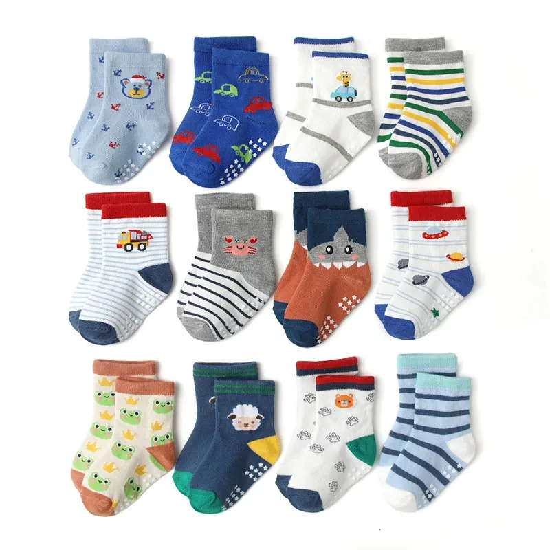 

12 Pairs Kids【Cotton Socks】 Cute Cartoon Animal Pattern Comfy Breathable Baby Non-slip Floor Socks