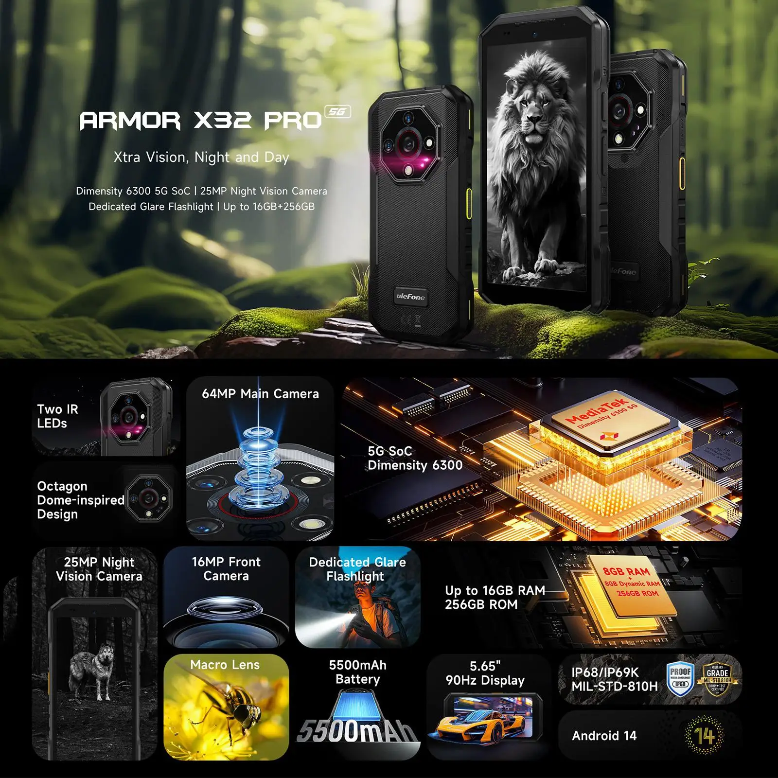 Ulefone Armor X32 Pro 5G هاتف متين 8GB + 256GB 6.56 بوصة أندرويد 14 كاميرا ليلية 64MP 6050mAh الأبعاد 6300 NFC الهاتف الذكي