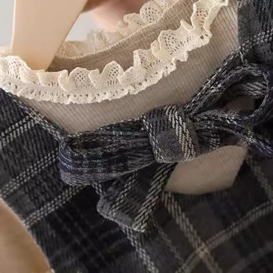 Girls Sweet Bow Two-Piece Set Spring Autumn Baby Plaid Dress Lace Long-Sleeved Base Layer Stylish Children's Outfit