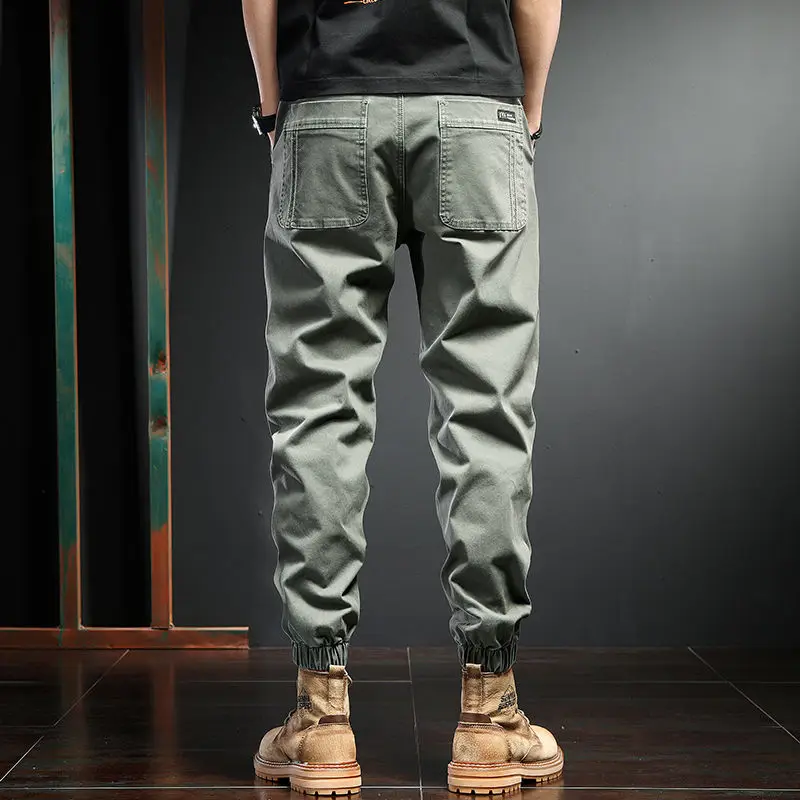 Military American Vintage Casual Men Cargo Pants Spring Autumn Solid Elastic Waist Drawstring Straight Sports Tactical Trousers