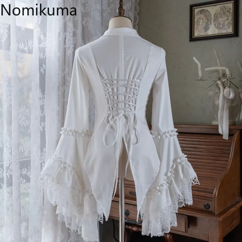 Lolita Style Blouses Women Flare Sleeve White Shirts 2026 Blusas Mujer De Moda Sweet Tops Bandage Flare Sleeve Tunic Goth Blouse