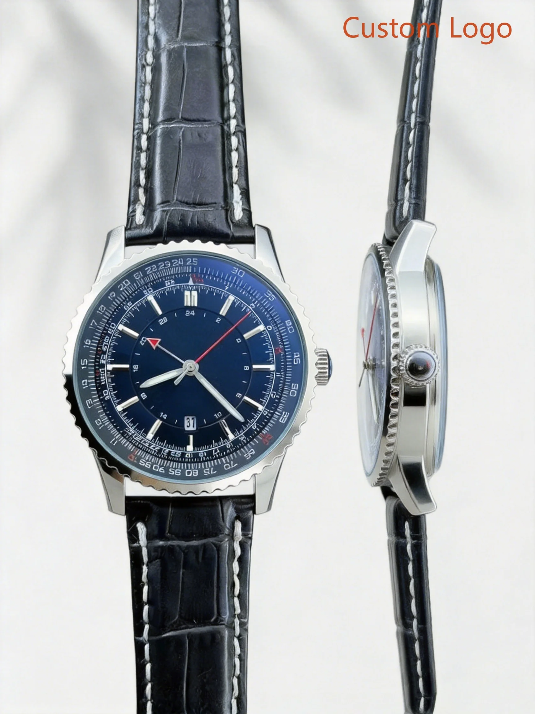 Men 45mm Pilot GMT Watch Slide Rule Bezel Black Leather Strap Dual Time Zone Waterproof Aviation Automatic Male Customized Watches