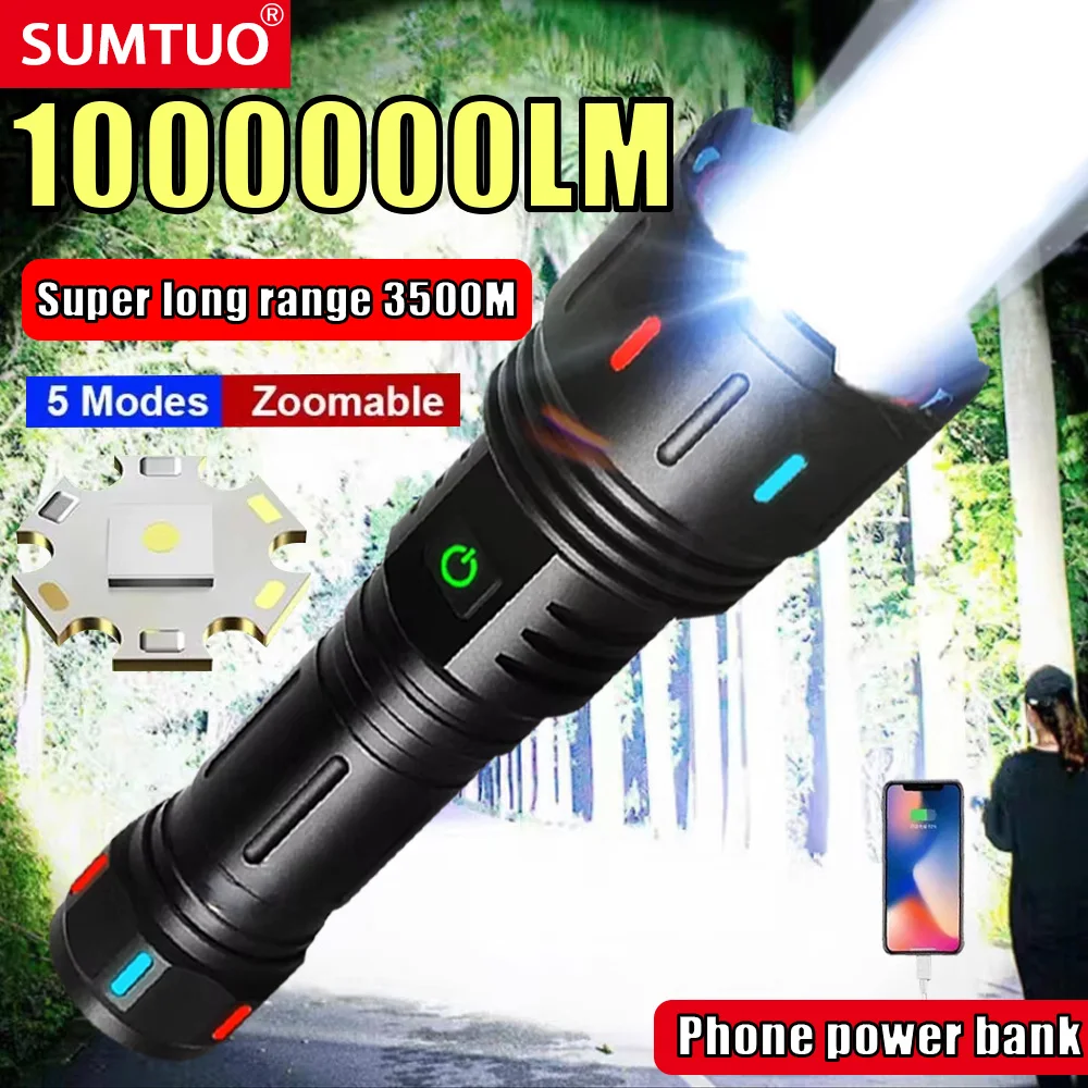 

1000000LM Strong LED Flashlight USB Rechargeable Powerful Tactical Torch Lamp 3500M Super Long Range Flashlight Outdoor Fishing