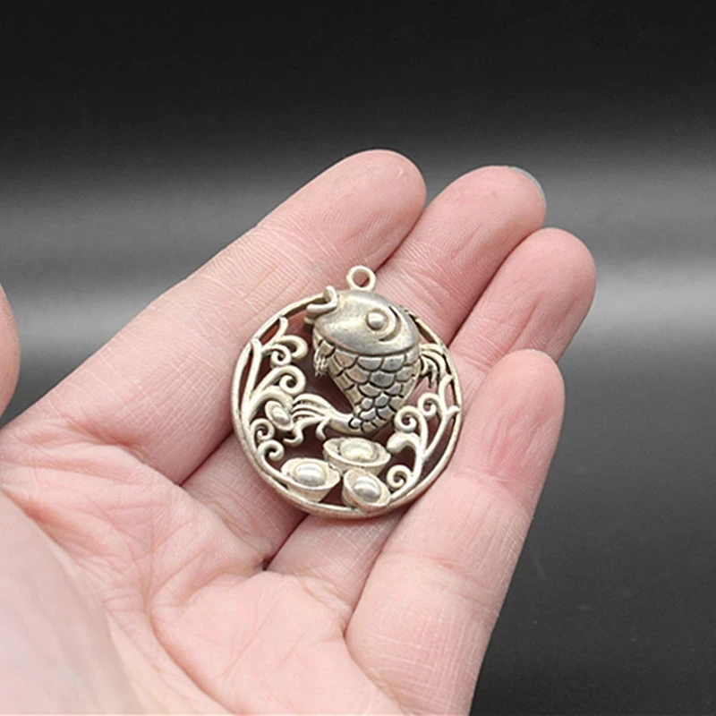 Elaborate Interesting Chinese Tibetan Silver Round Fish Shoe-shaped Silver Ingots Auspicious Statue Pendant