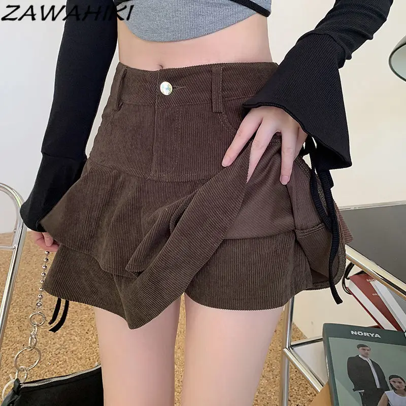 

Pleated Skirt Y2K Slim Waist Corduroy Solid Color Spring Fall A-line Sweet Casual Vintage Temperament Kpop Short Faldas Mujer