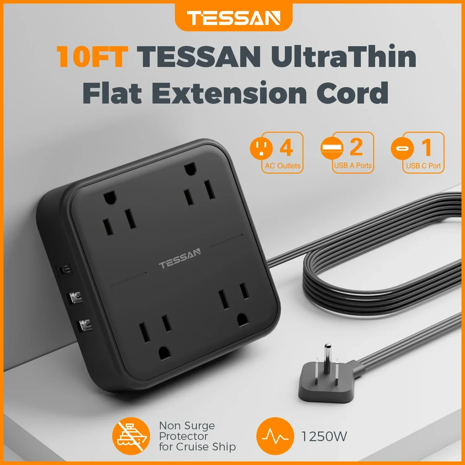 TESSAN Multi-contact Power Strip with Surge Protector Flat Plug Multiple Connector with 4 Outlets and 3 USB(1 Type C)