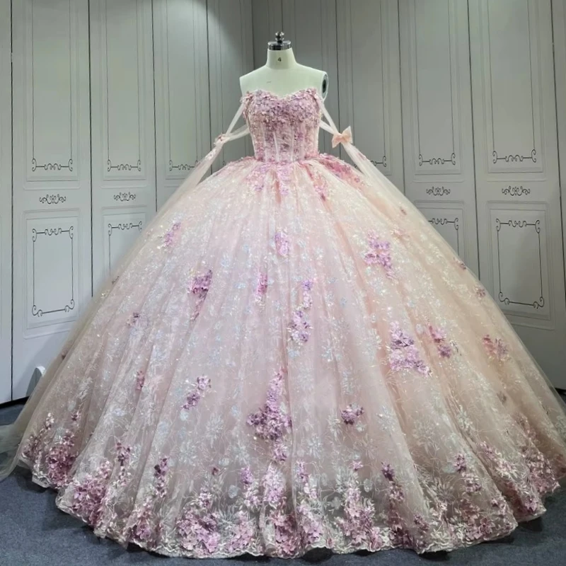 

Light Pink Shiny Princess Off the Shoulder Sweet 16 Dress Quinceanera Dresses Applique Flower Beads Bow Tull Party Birthday Vest