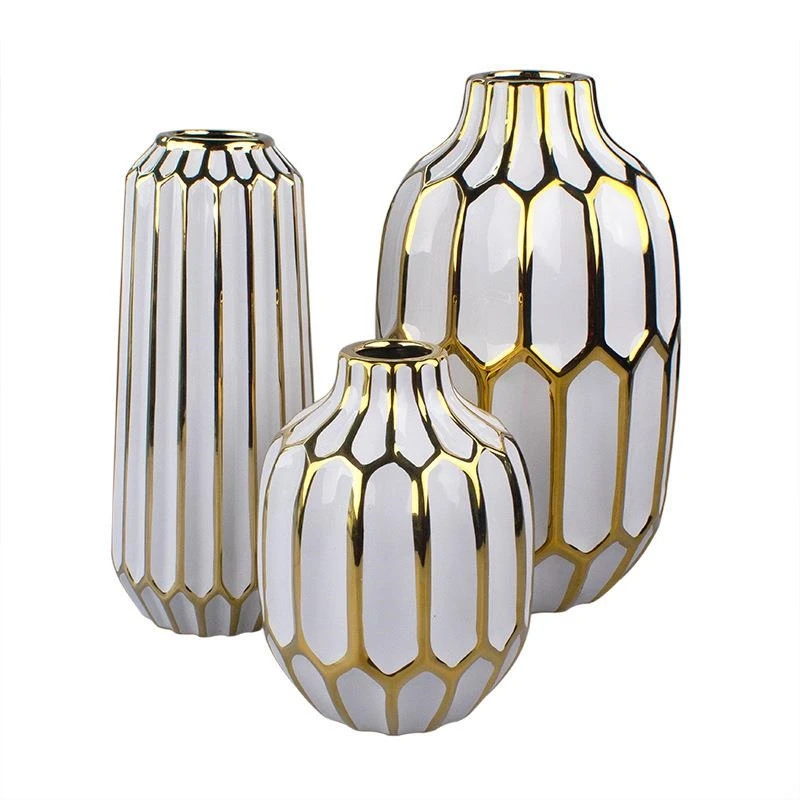 European Electroplated Ceramic Vase White Stripes Living Room Office Decoration Crafts Flower Modern Home Furnishings