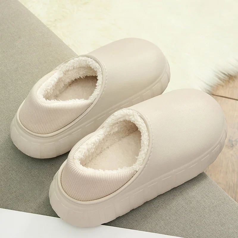 Home Winter Women Thick Platform Waterproof Non-Slip Rubber Slippers Warm Indoor Fur Cotton Men Couples Ladies Cartoon Shoes