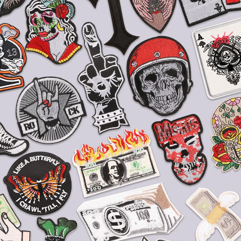 Skull Iron On Patches For Clothes Embroidered Punk Jackets Poker Thermocollant Rock Parches Diy Naszywki Designer Mochila Sewing