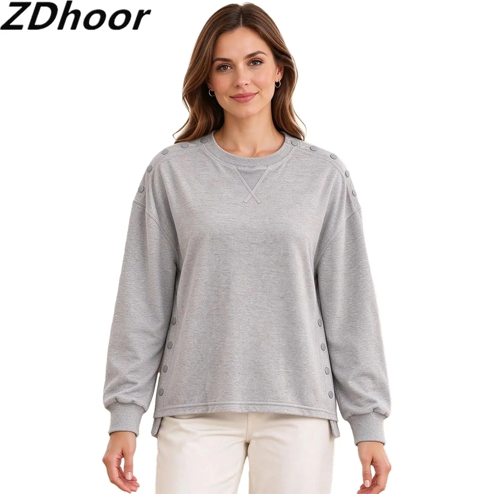 Women Post Surgery Recovery Top Long Sleeve Press Buttons Closure Solid Color Adaptive Sweatshirt