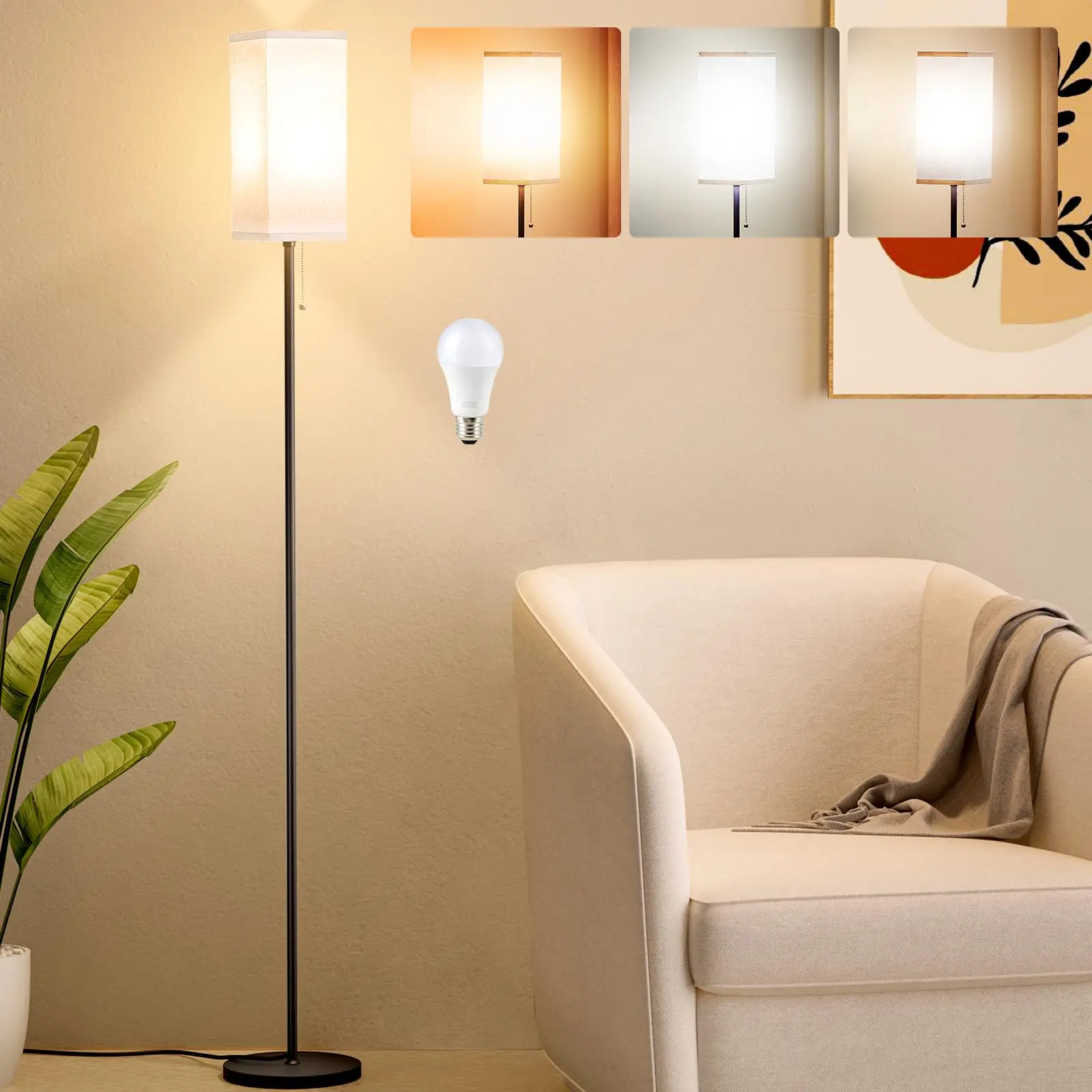 

Floor Lamps for Living Room, Modern Standing Lamp with Pull Chain Switch, 3 Color Temperature Black Pole Lamp with Lampshade