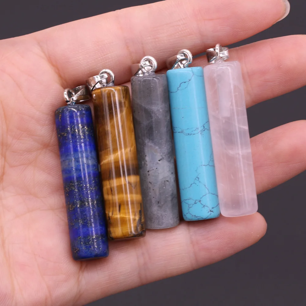 Natural Rose Quartz Crystal Stone Pendants Cylindrical Shape Tiger Eye Opalite Charms Gems for DIY Necklace Women Jewelry Making