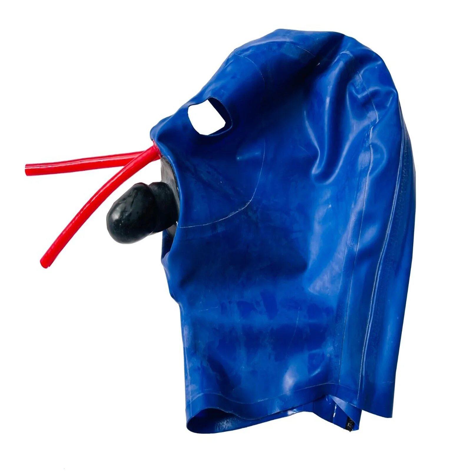 

Dark Blue Latex Gummi Mask Rubber Hood with Inner Sheath 15cm Long Nose Tube Ope Eyes