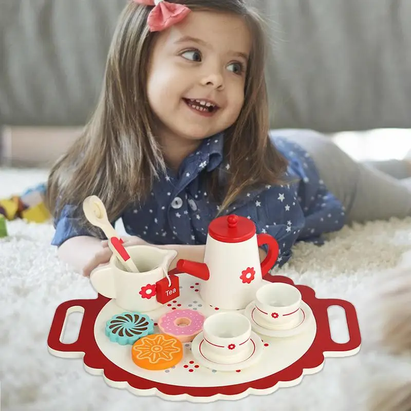 

Tea Set for Kids Pretend Wooden Girls Afternoon Tea Playset Girls Donut Tea Bag Play Set for Improves Social Skills Colorful