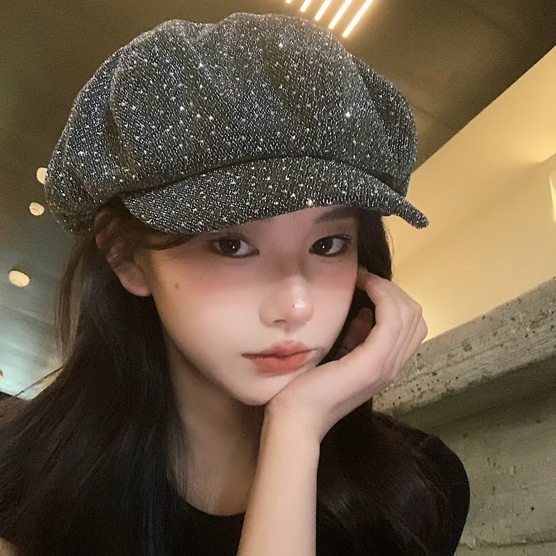 Vintage Sequins Gypsy Clouds Berets Caps for Women Summer Autumn Korean Versatile Show Face Small Sweet Literary Octagonal Hat