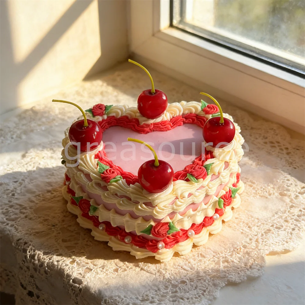 Vintage Heart Shaped Cherry Cake Model Jewelry Box Retro Pink Cream Cake Trinket Storage Rose Pearl Cute Kawaii Girls Desk Decor - view 3