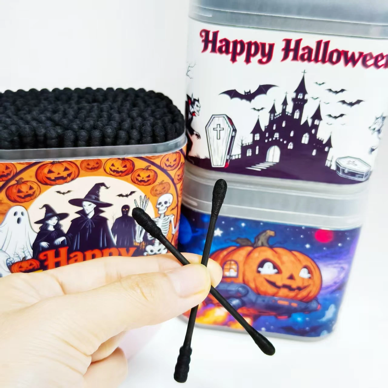 600개/800개 할로윈 호박 유령 박쥐 무늬 면봉 블랙 무광 박스 포장 양면 면봉