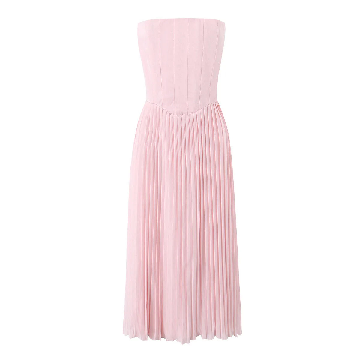 

Fashion Pink Pleated Waist Mid Dress Women's 2025 Sleeveless Summer Tube Top Party Dress